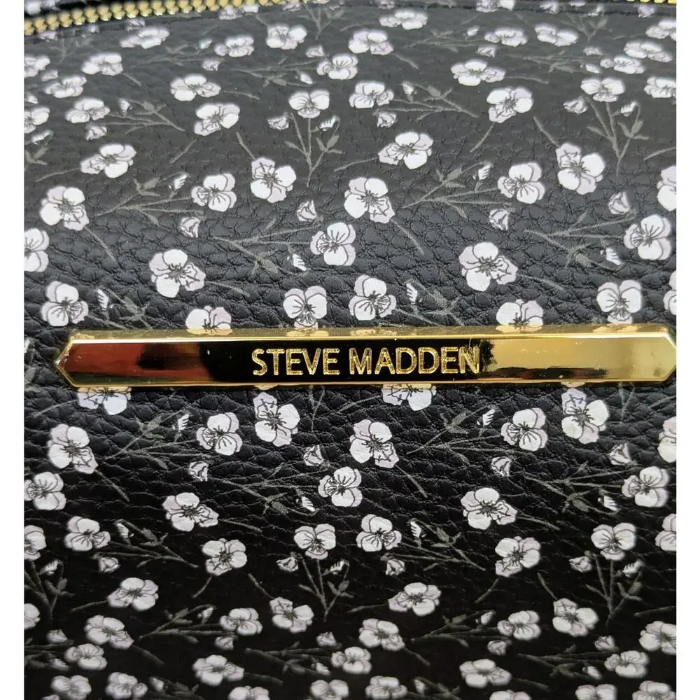 Steve Madden Large Cosmetic Bag Black White Mini Floral Coated Quilted Lined NEW